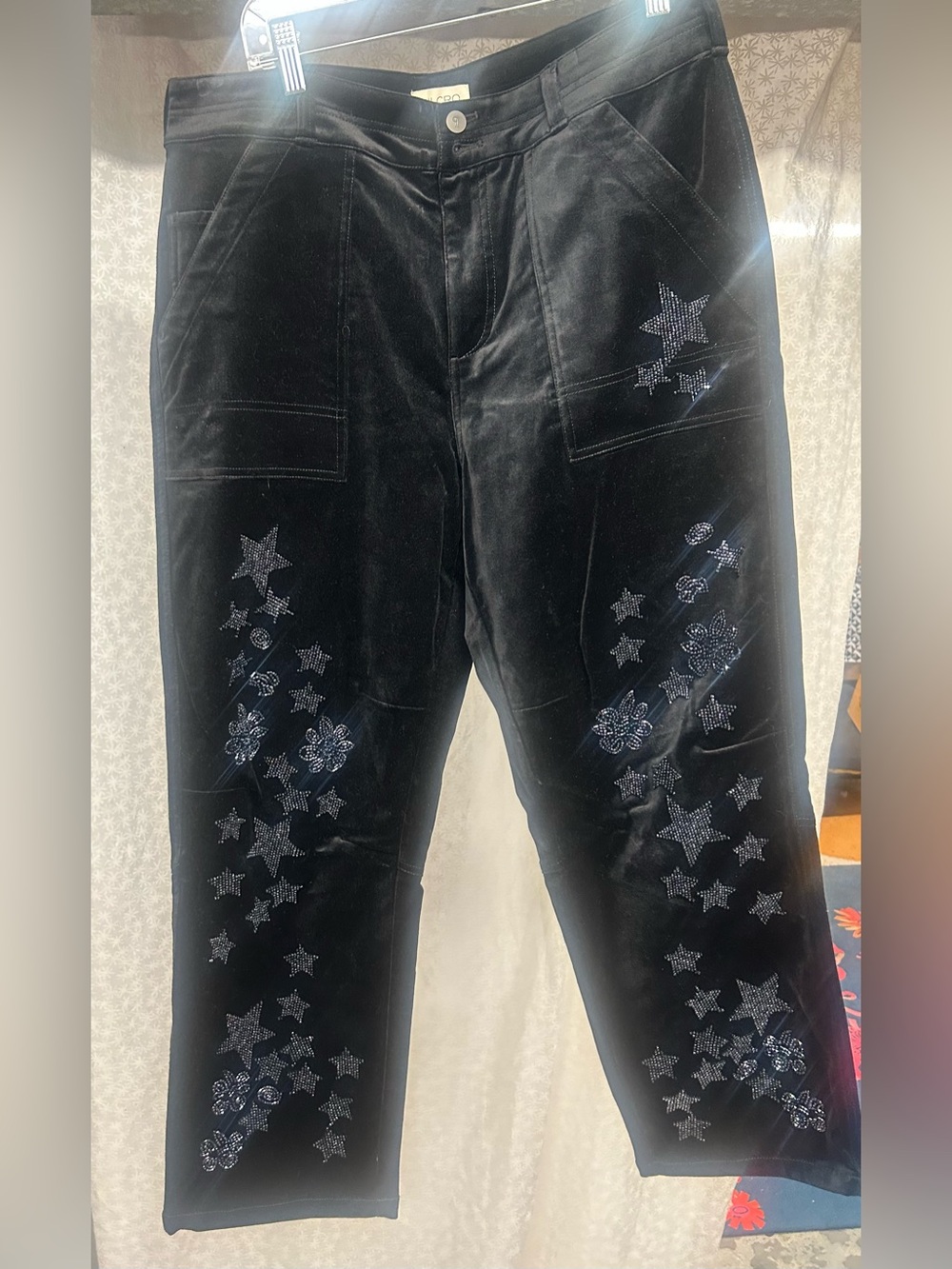 Black Velvet Pants with Star Embroidery